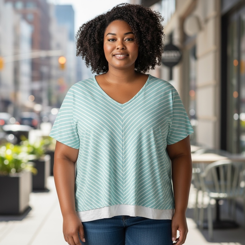 Catherines Green & White Chevron 3/4 Sleeve Boxy Tunic with Ruffle
